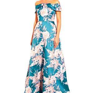 Adrienna Papell Off-shoulder Teal Evening Gown